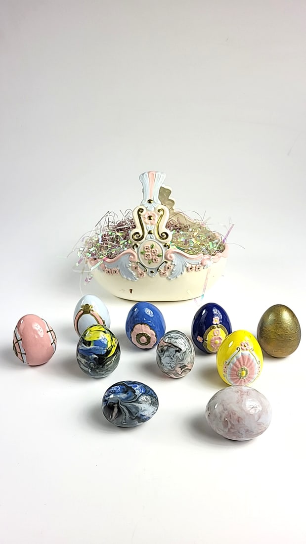 Vintage Ceramic Easter Egg Basket with 10 Unique Ceramic Eggs - Floral Design - Pastel Colors - S... - 2