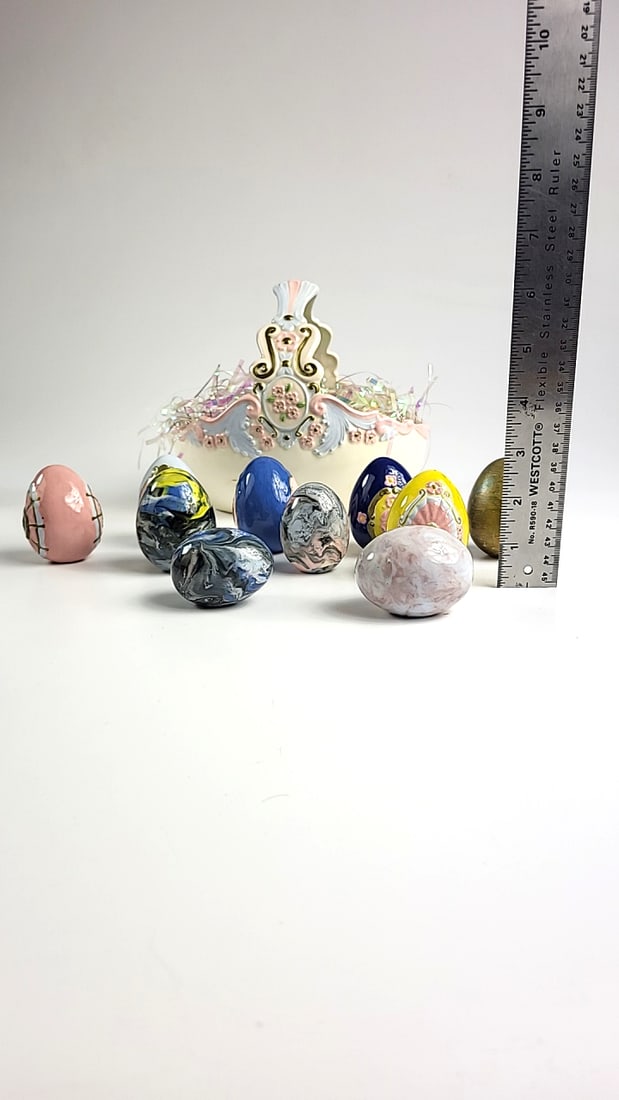 Vintage Ceramic Easter Egg Basket with 10 Unique Ceramic Eggs - Floral Design - Pastel Colors - S... - 4