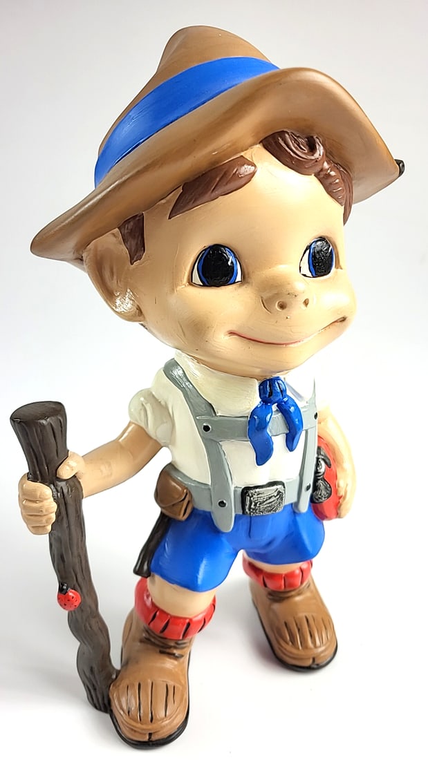Vintage Ceramic 1973 Boy Figurine with Walking Stick Blue Shorts Hat Red Ladybug Detail Collectible (1 of 7)