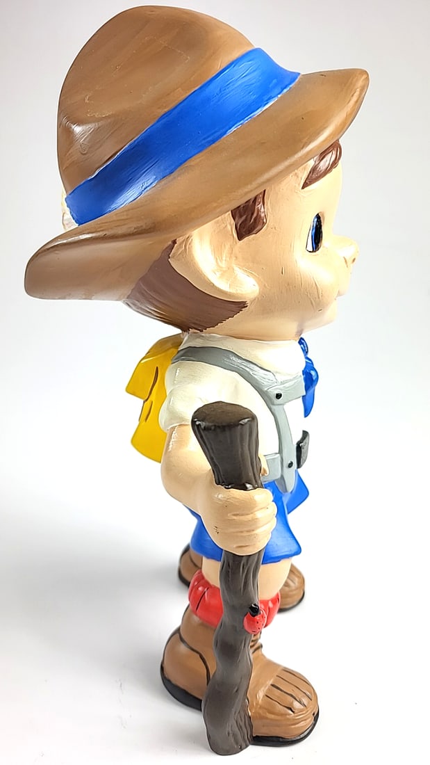 Vintage Ceramic 1973 Boy Figurine with Walking Stick Blue Shorts Hat Red Ladybug Detail Collectible - 2
