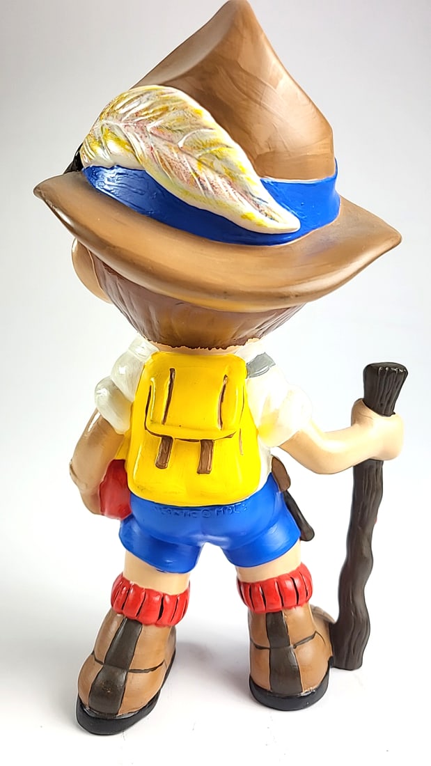 Vintage Ceramic 1973 Boy Figurine with Walking Stick Blue Shorts Hat Red Ladybug Detail Collectible - 3