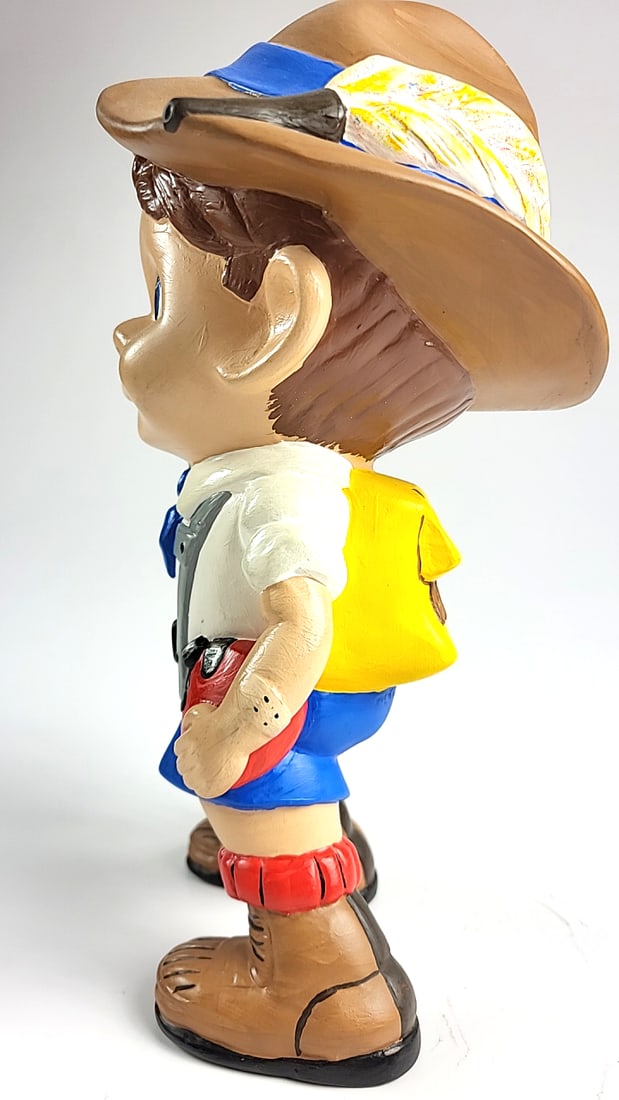 Vintage Ceramic 1973 Boy Figurine with Walking Stick Blue Shorts Hat Red Ladybug Detail Collectible - 4