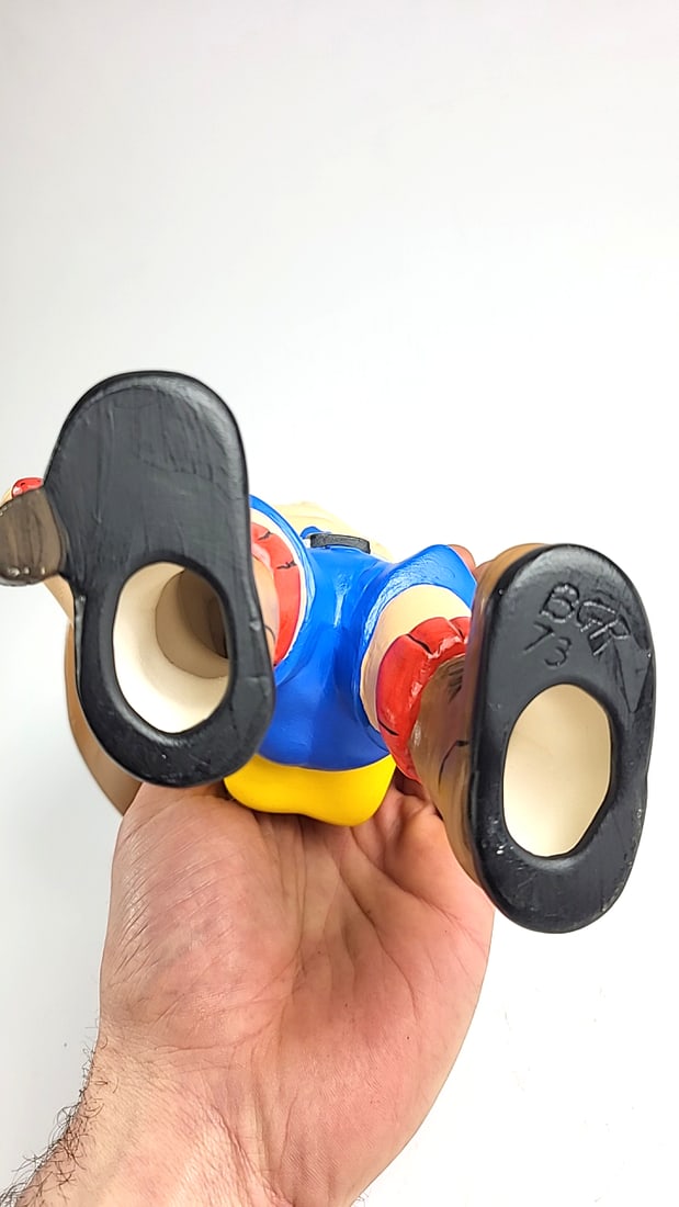 Vintage Ceramic 1973 Boy Figurine with Walking Stick Blue Shorts Hat Red Ladybug Detail Collectible - 5