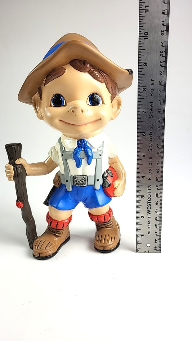 Vintage Ceramic 1973 Boy Figurine with Walking Stick Blue Shorts Hat Red Ladybug Detail Collectible - 7