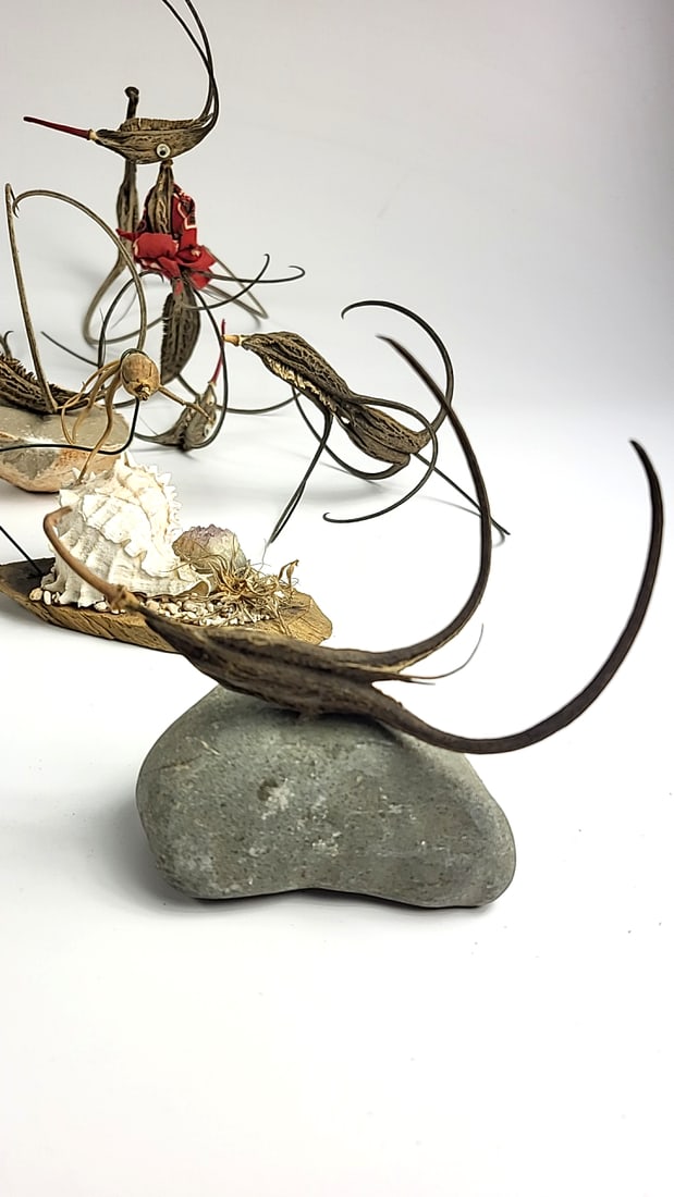 Vintage Handcrafted Driftwood and Stone Sculptures Set - Squid? - Unique Art Decor - 3