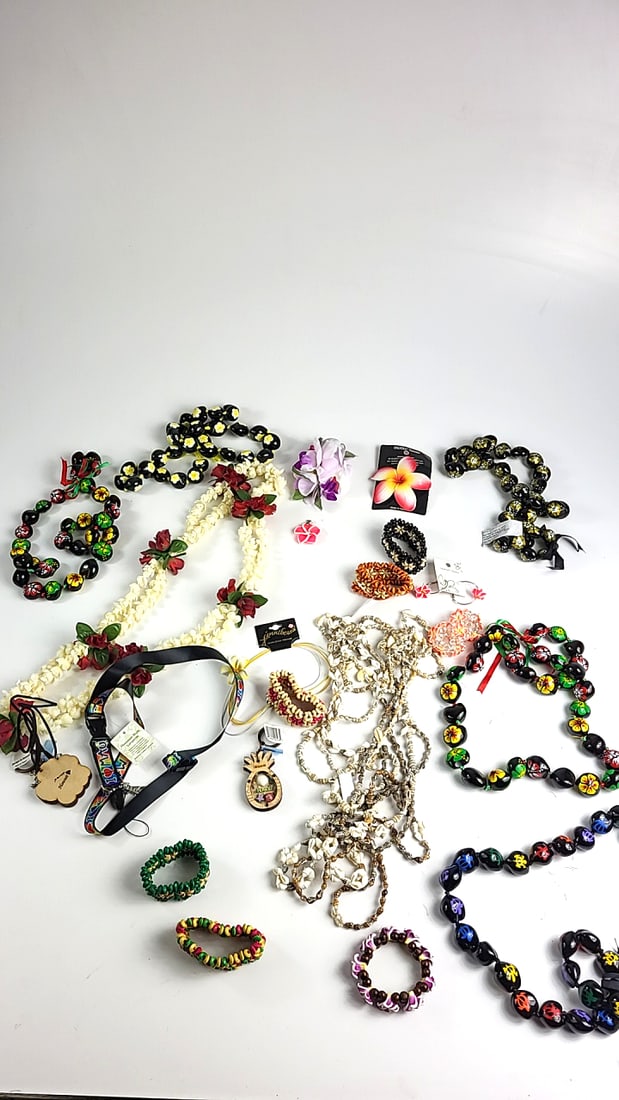 Hawaiian Tropical Lei Necklace & Bracelet Set / Travelers Lot - Floral Design & Shell Accents, Mu...