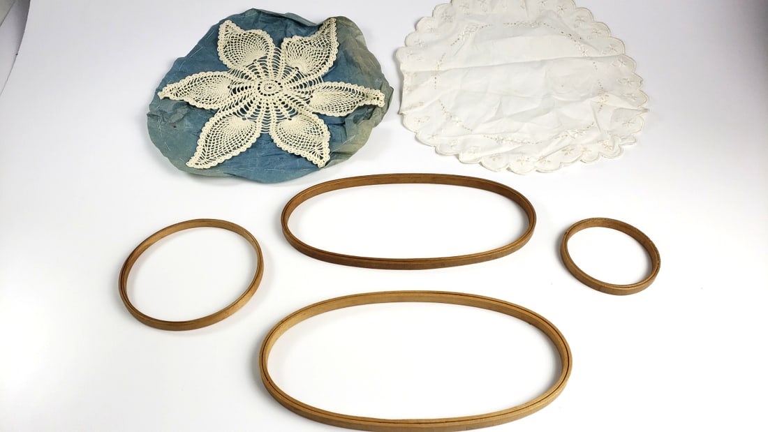 Vintage Embroidery Hoops and Doilies Set - 5 Hoops, 2 Doilies: Wonderful collection of hobby items including a large stamp collection, lots of model trains and accessories, 1000’s of TCG including Magic the Gathering and Pokemon, and other collectibles from