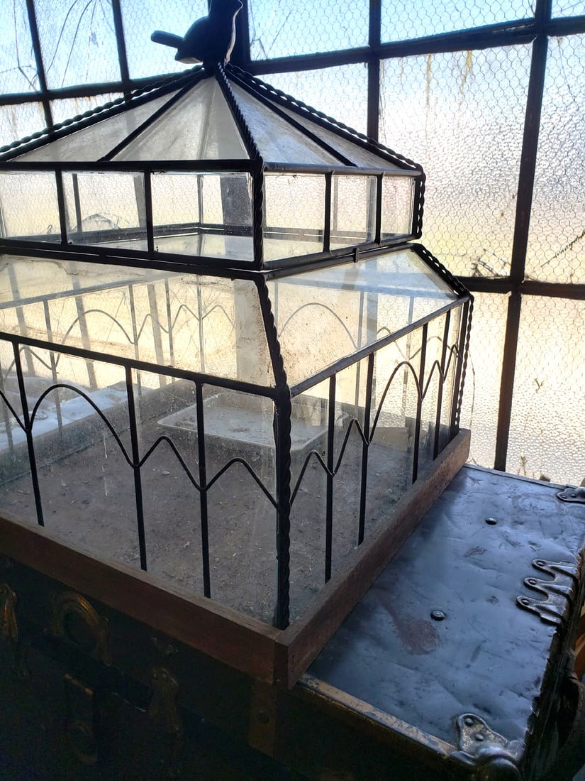Vintage Terrarium / Aviary Iron Trim With Glass Panels & Wood Base - Heavy 25 Pounds Or So - 2