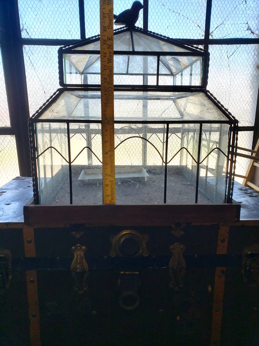 Vintage Terrarium / Aviary Iron Trim With Glass Panels & Wood Base - Heavy 25 Pounds Or So - 3