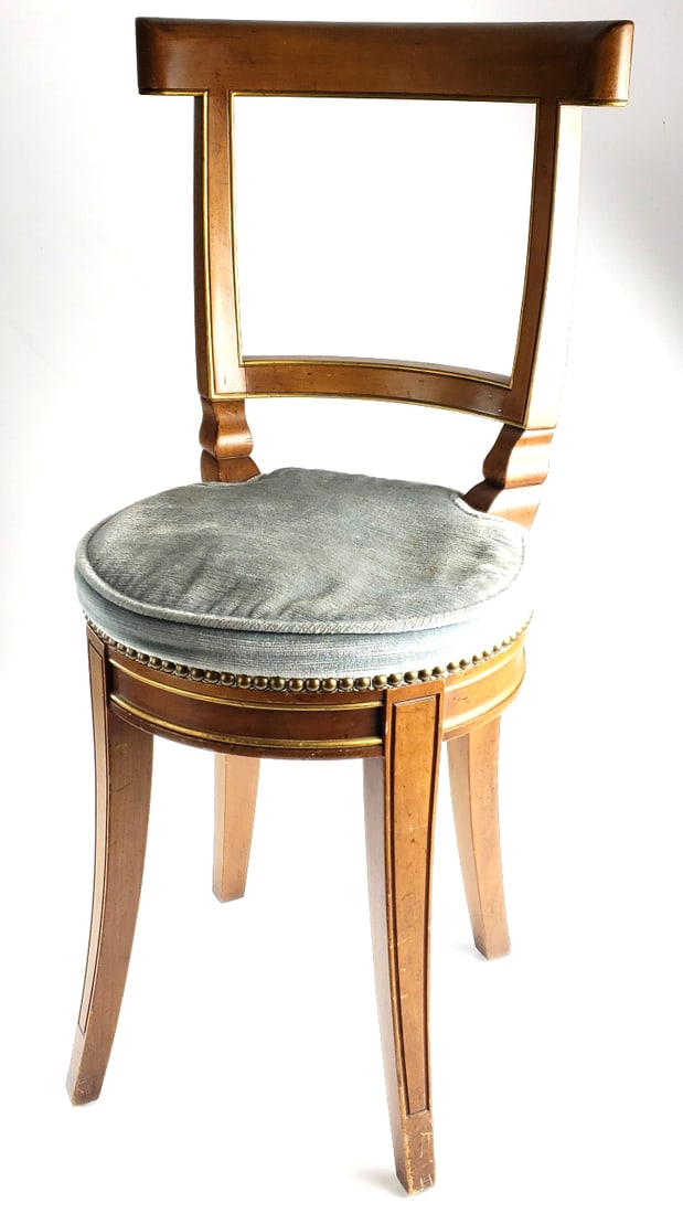 Antique Wooden Side Chair with Brass Trim & Suede Upholstered Seat Baker Furniture 34": Good see pics Fantastic general estate auction with something for everyone. Art pottery, quality rugs, mid century furnishings, Waterford, Murano, Spode, Pyrex, Orrefors, china / dinnerware, Villeroy