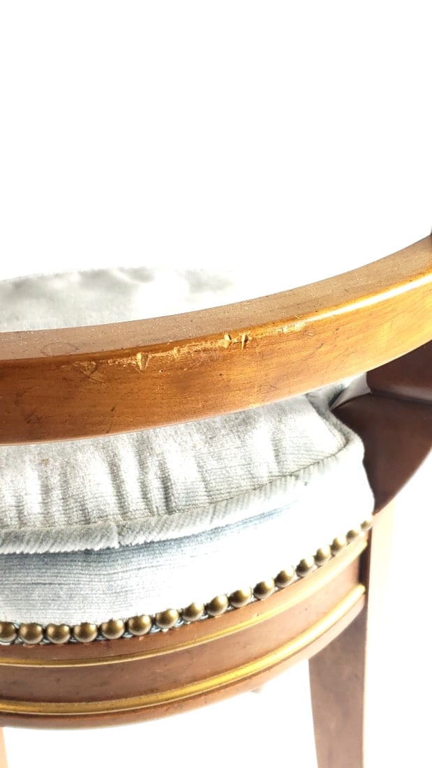 Antique Wooden Side Chair with Brass Trim & Suede Upholstered Seat Baker Furniture 34" - 5