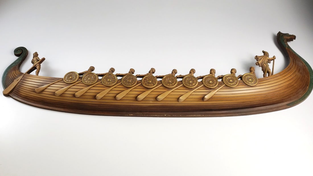 Vintage Viking Longship Wall Hanging Plastic Cast Decor with Warriors and Shields 40" Long: Good see pics Fantastic general estate auction with something for everyone. Art pottery, quality rugs, mid century furnishings, Waterford, Murano, Spode, Pyrex, Orrefors, china / dinnerware, Villeroy