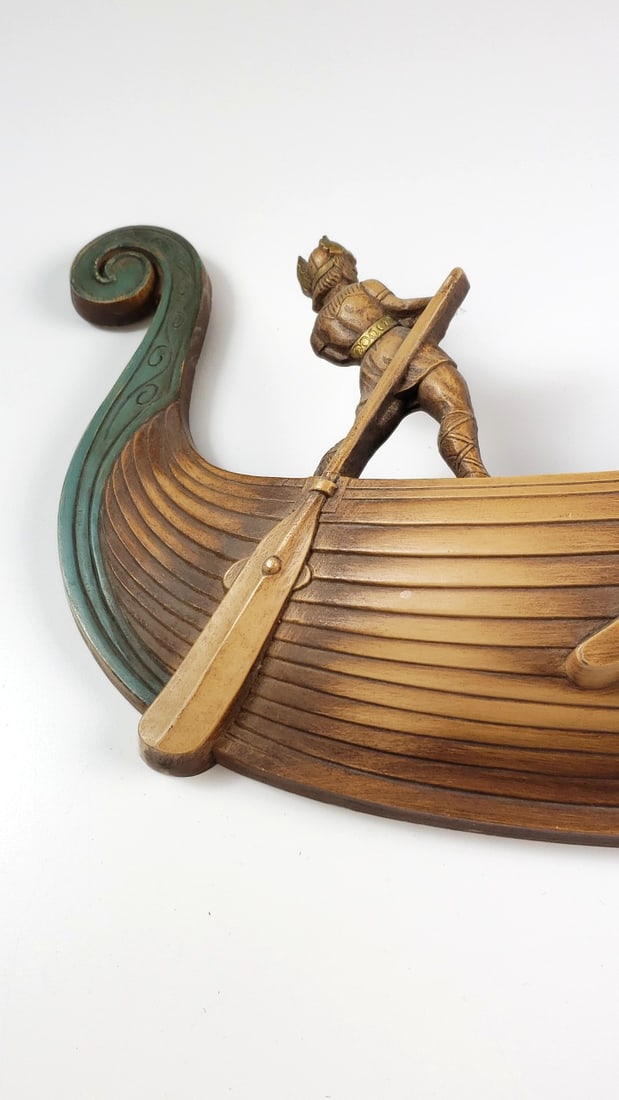 Vintage Viking Longship Wall Hanging Plastic Cast Decor with Warriors and Shields 40" Long - 2