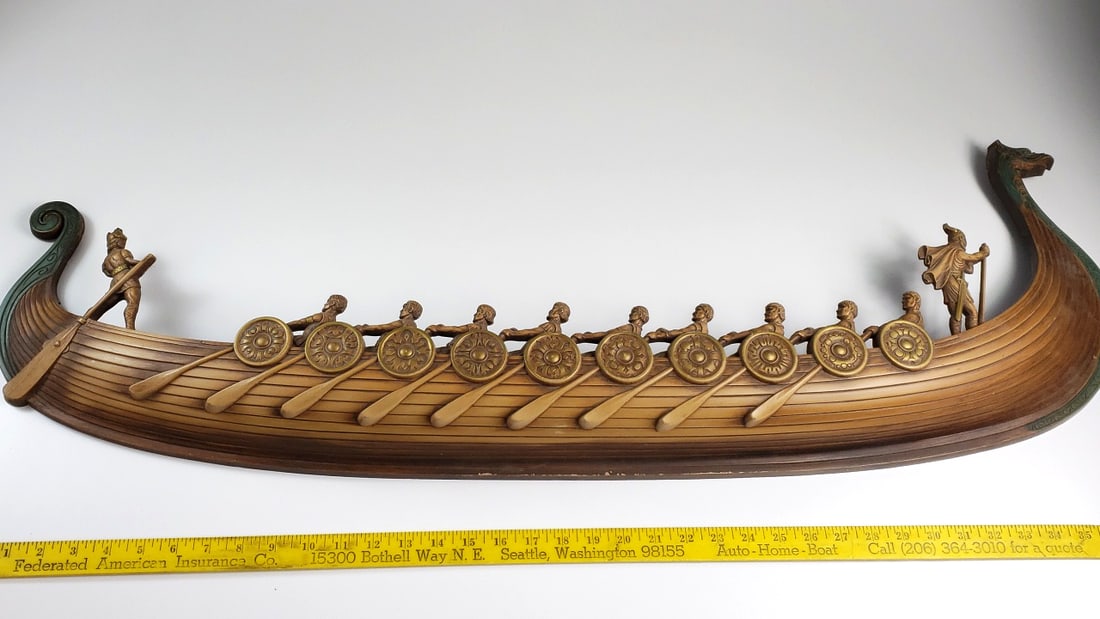 Vintage Viking Longship Wall Hanging Plastic Cast Decor with Warriors and Shields 40" Long - 6
