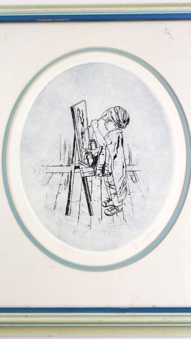 Vintage V. Curtin Framed Wood & Glass Etching Print, Child Painting on Easel, 18/200: Good see pics Fantastic general estate auction with something for everyone. Art pottery, quality rugs, mid century furnishings, Waterford, Murano, Spode, Pyrex, Orrefors, china / dinnerware, Villeroy