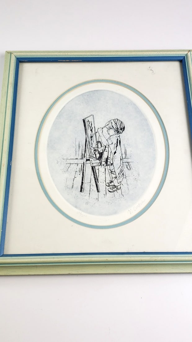 Vintage V. Curtin Framed Wood & Glass Etching Print, Child Painting on Easel, 18/200 - 2