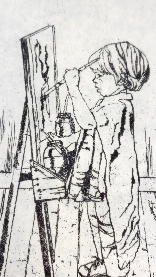 Vintage V. Curtin Framed Wood & Glass Etching Print, Child Painting on Easel, 18/200 - 5