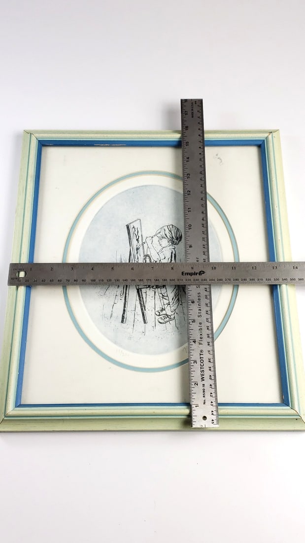 Vintage V. Curtin Framed Wood & Glass Etching Print, Child Painting on Easel, 18/200 - 6