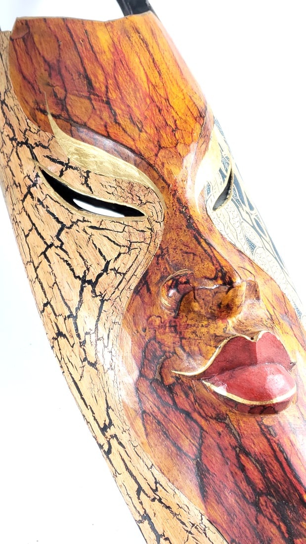 Vintage Handcrafted 40" Long Decorative Wooden Face Mask with Intricate Pattern Design Hand Made In - 3