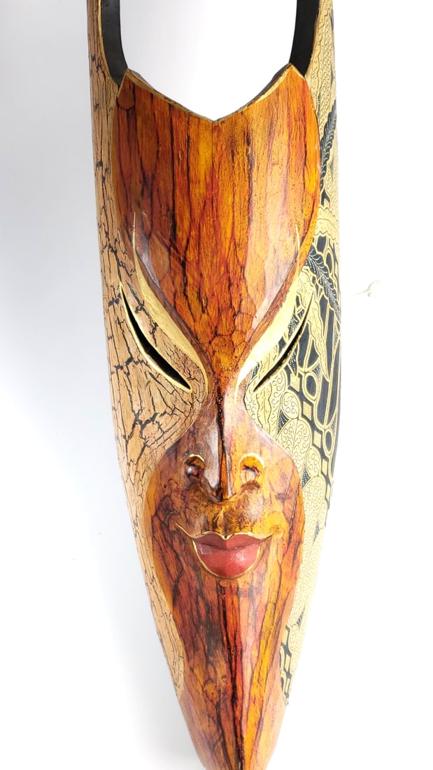 Vintage Handcrafted 40" Long Decorative Wooden Face Mask with Intricate Pattern Design Hand Made In - 7