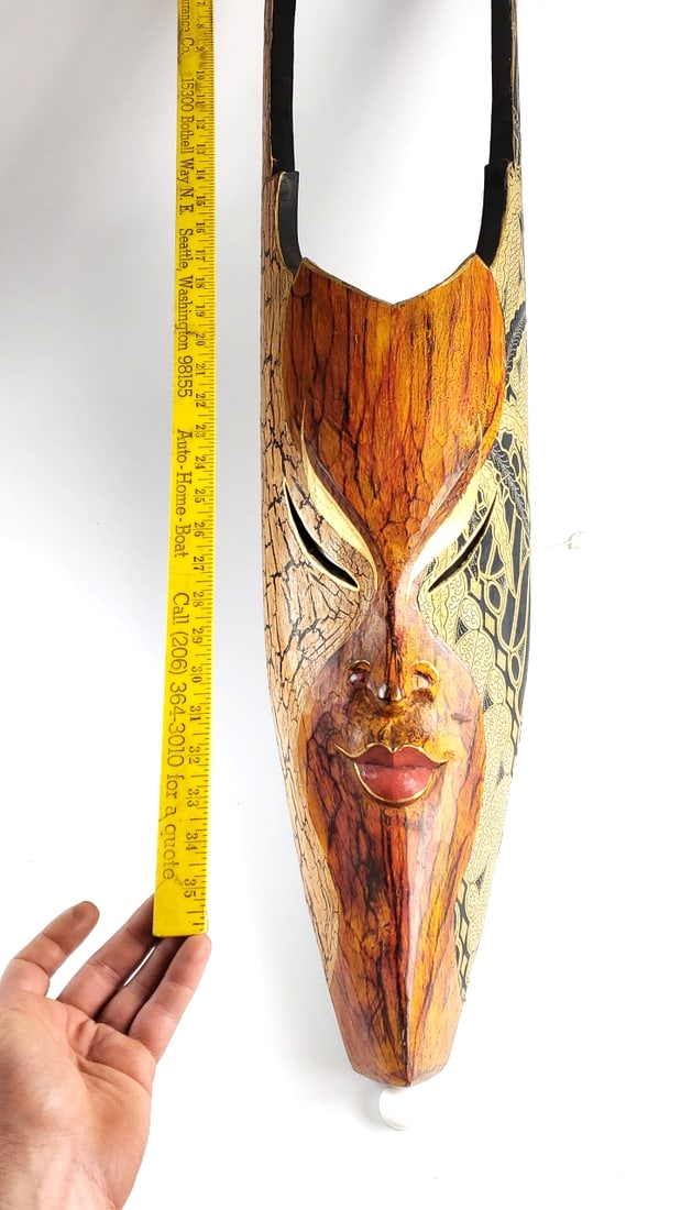 Vintage Handcrafted 40" Long Decorative Wooden Face Mask with Intricate Pattern Design Hand Made In - 8