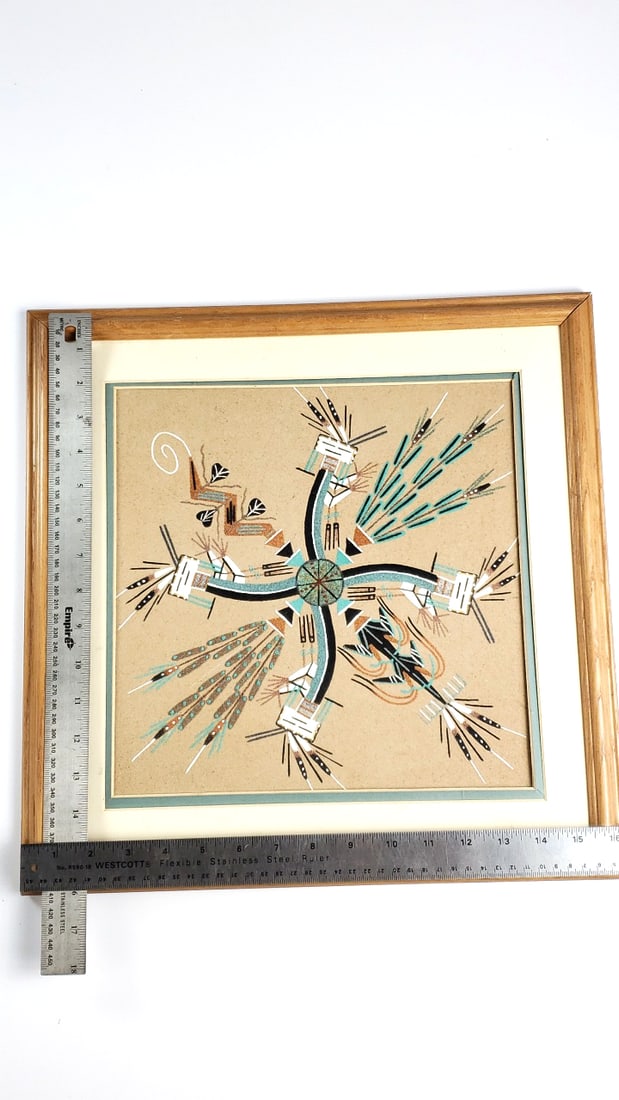 Vintage Framed Native American Sand Painting with Geometric Design 16" x 16" - Inscription On Bac... - 6