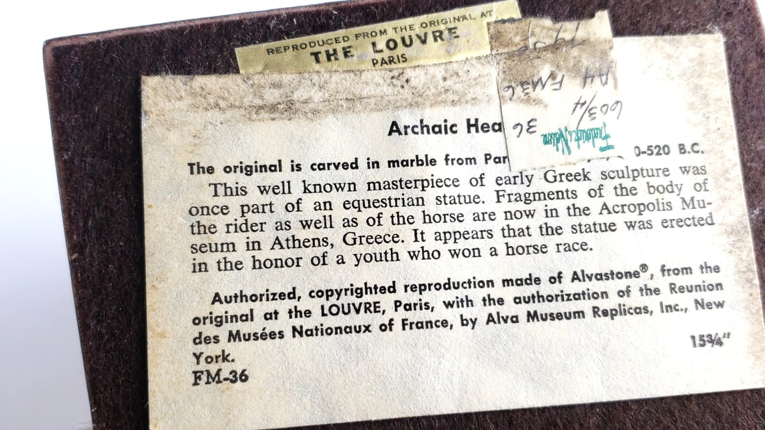 1966 Alva Museum Louvre Replicas Inc. Archaic Greek Style Male Head Bust Large / Heavy Sculpture - 5