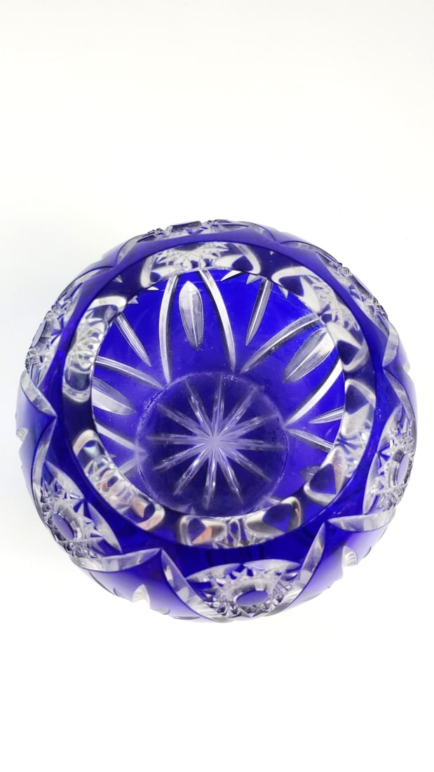 Cobalt Blue Flashed Cut Glass Candle Bowl with Starburst Pattern Thick Glass 6"x6"x6" ish - 2