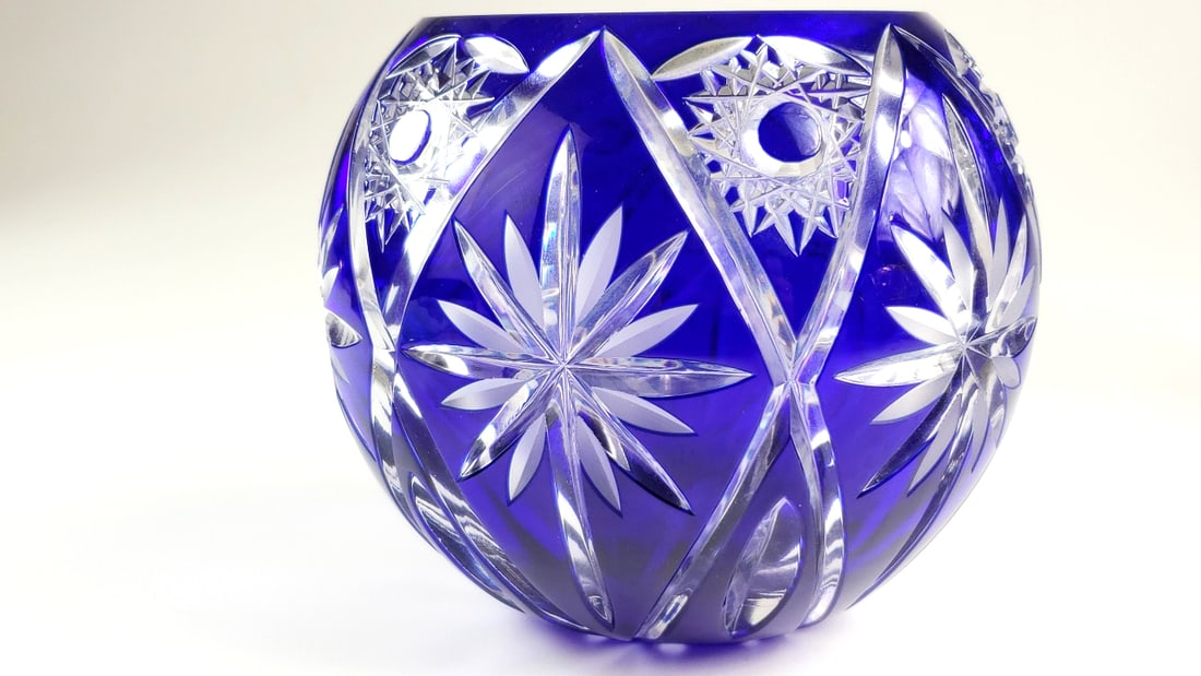 Cobalt Blue Flashed Cut Glass Candle Bowl with Starburst Pattern Thick Glass 6"x6"x6" ish - 3