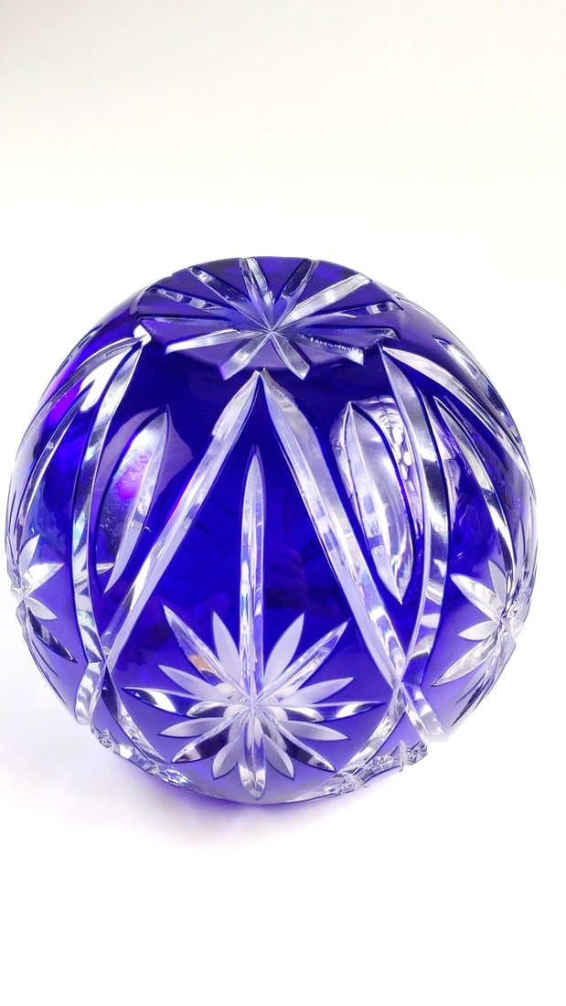 Cobalt Blue Flashed Cut Glass Candle Bowl with Starburst Pattern Thick Glass 6"x6"x6" ish - 4