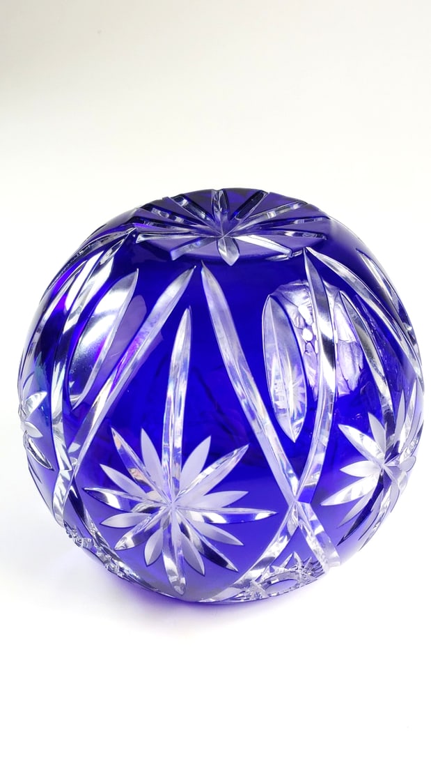 Cobalt Blue Flashed Cut Glass Candle Bowl with Starburst Pattern Thick Glass 6"x6"x6" ish - 5