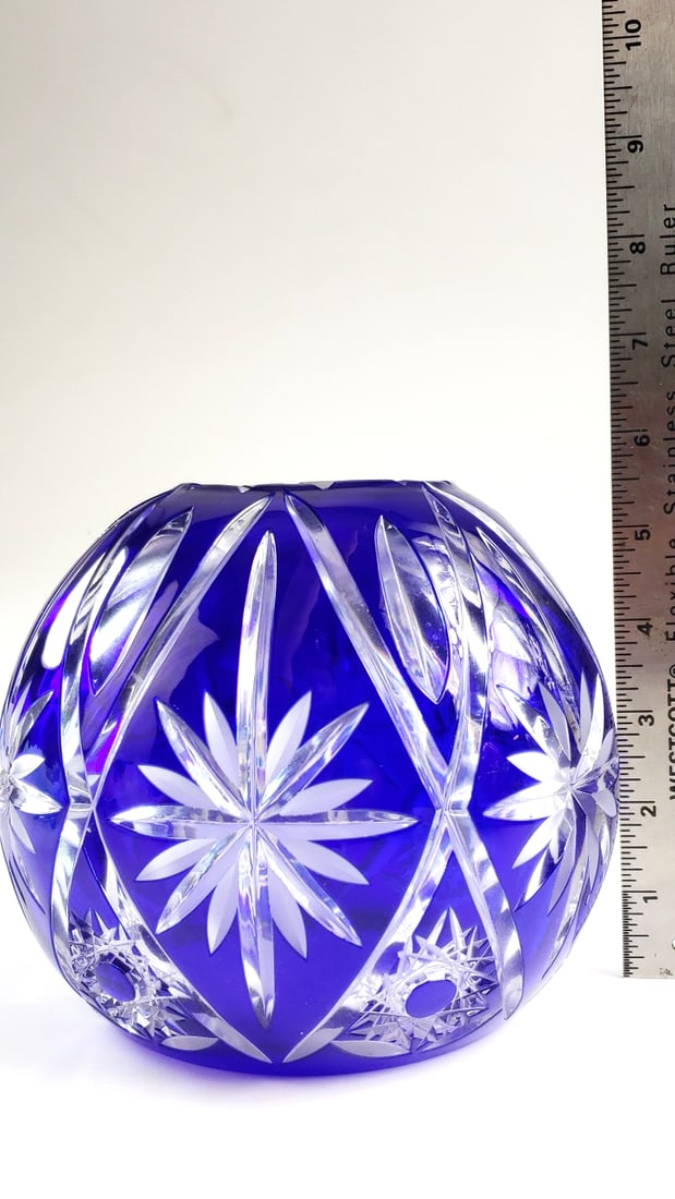 Cobalt Blue Flashed Cut Glass Candle Bowl with Starburst Pattern Thick Glass 6"x6"x6" ish - 6