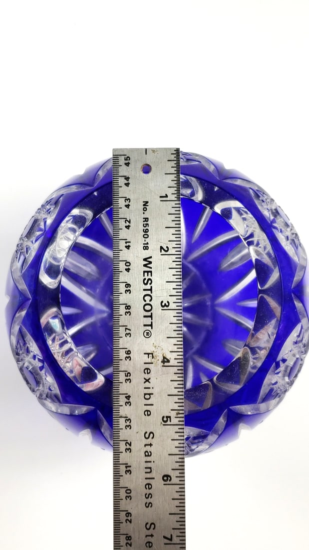 Cobalt Blue Flashed Cut Glass Candle Bowl with Starburst Pattern Thick Glass 6"x6"x6" ish - 7