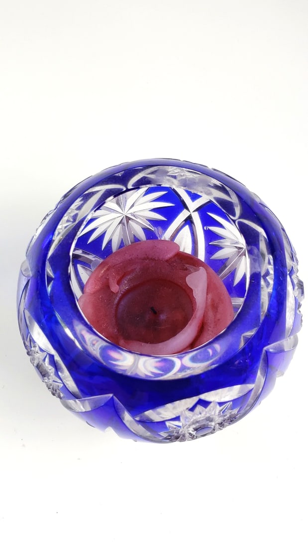 Cobalt Blue Flashed Cut Candle Glass Bowl with Floral Star Burst Design 4x4x4 - 2