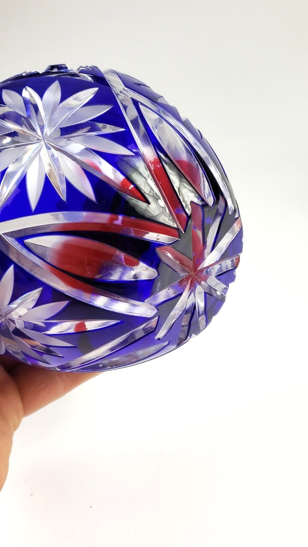 Cobalt Blue Flashed Cut Candle Glass Bowl with Floral Star Burst Design 4x4x4 - 3