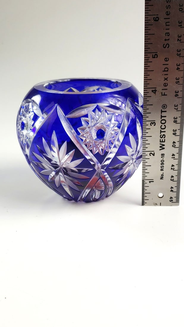 Cobalt Blue Flashed Cut Candle Glass Bowl with Floral Star Burst Design 4x4x4 - 4
