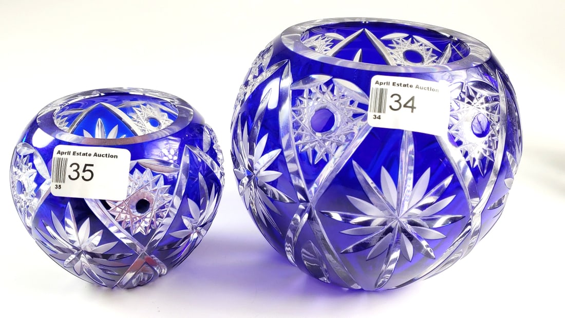 Cobalt Blue Flashed Cut Candle Glass Bowl with Floral Star Burst Design 4x4x4 - 5