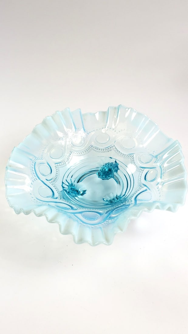 Blue Ruffled Art Glass Compote with Embossed Pattern - 2
