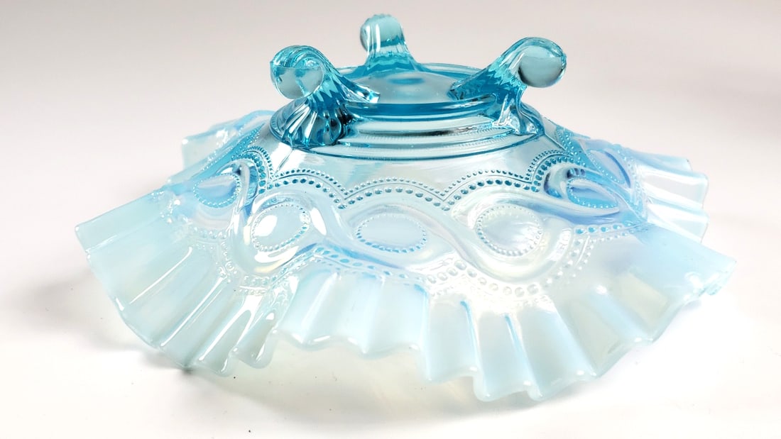Blue Ruffled Art Glass Compote with Embossed Pattern - 3