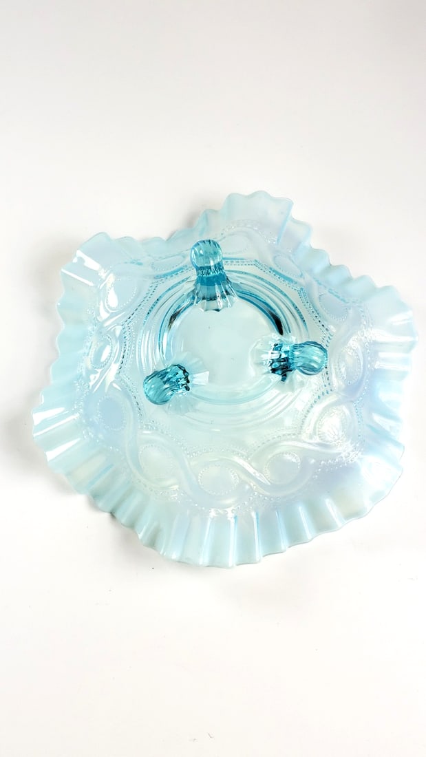 Blue Ruffled Art Glass Compote with Embossed Pattern - 4