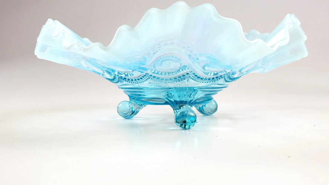 Blue Ruffled Art Glass Compote with Embossed Pattern - 5