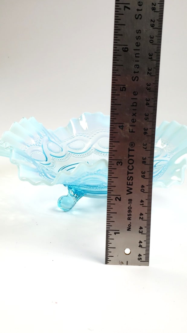 Blue Ruffled Art Glass Compote with Embossed Pattern - 6