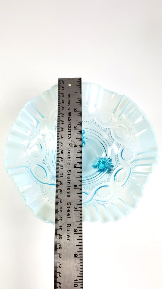 Blue Ruffled Art Glass Compote with Embossed Pattern - 7