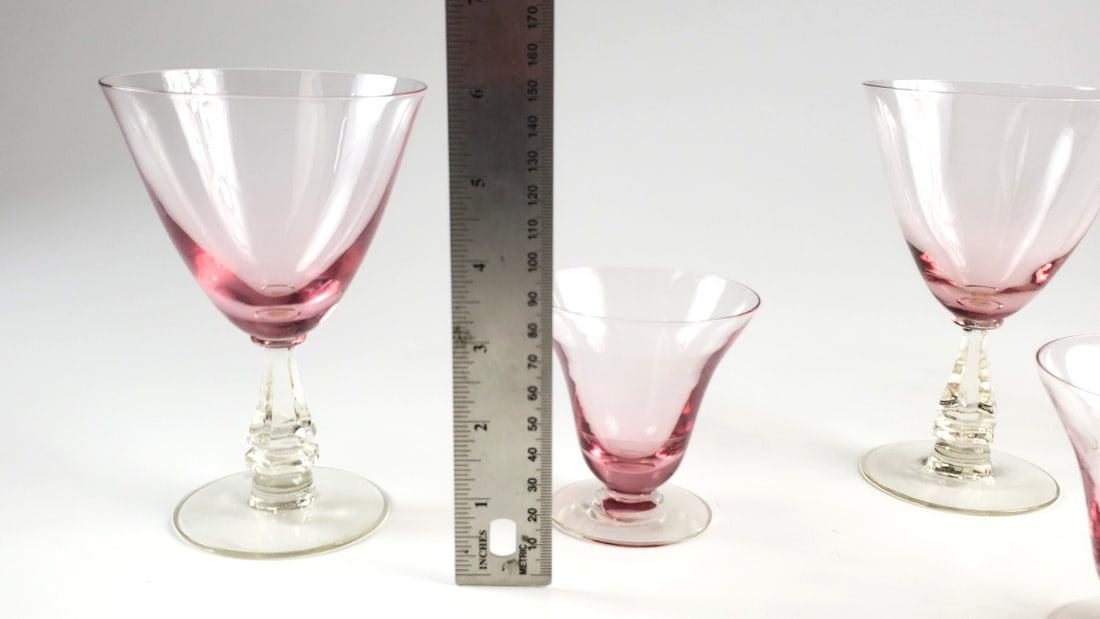Set of 7 Vintage Tiffin Franciscan Pink Stemware Glasses, 3 Large6", 4 Small 3" - 3