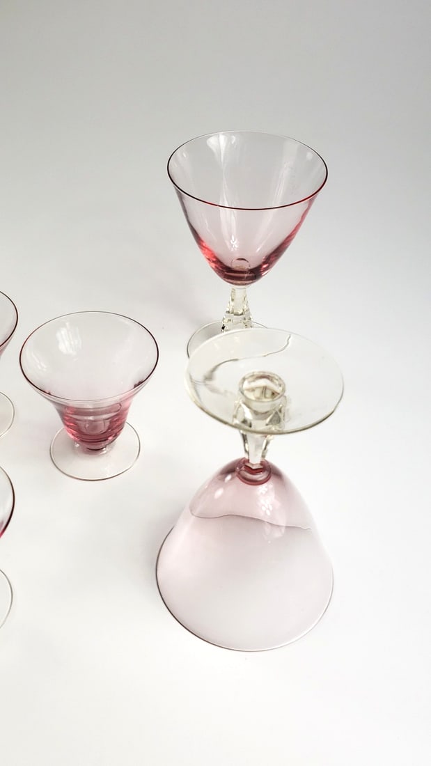 Set of 7 Vintage Tiffin Franciscan Pink Stemware Glasses, 3 Large6", 4 Small 3" - 4