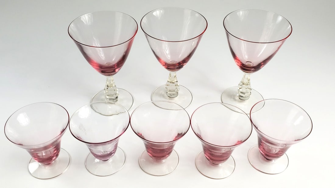 Set of 7 Vintage Tiffin Franciscan Pink Stemware Glasses, 3 Large6", 4 Small 3" - 5