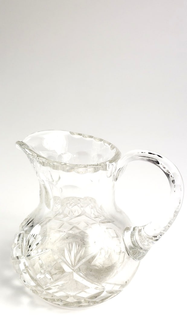 Waterford Mini 5" Glass Pitcher with Etched Floral Design and Handle: Good, comes rolled up Fantastic general estate auction with something for everyone. Art pottery, quality rugs, mid century furnishings, Waterford, Murano, Spode, Pyrex, Orrefors, china / dinnerware, V