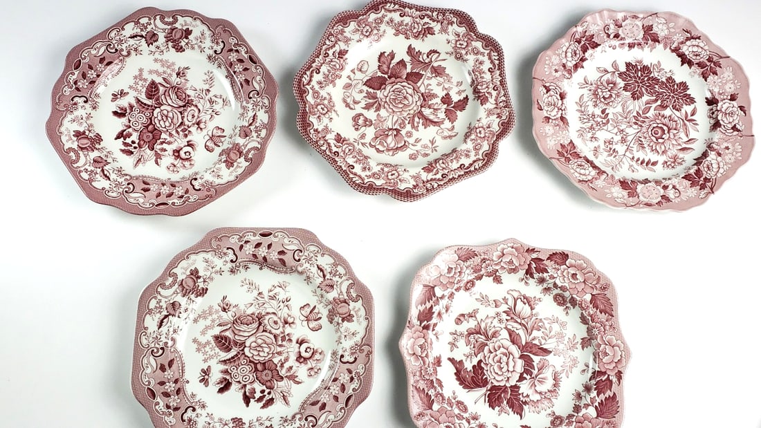 Spode Archive Collection Cranberry Floral 8.5" Plates Set of 5 - 3