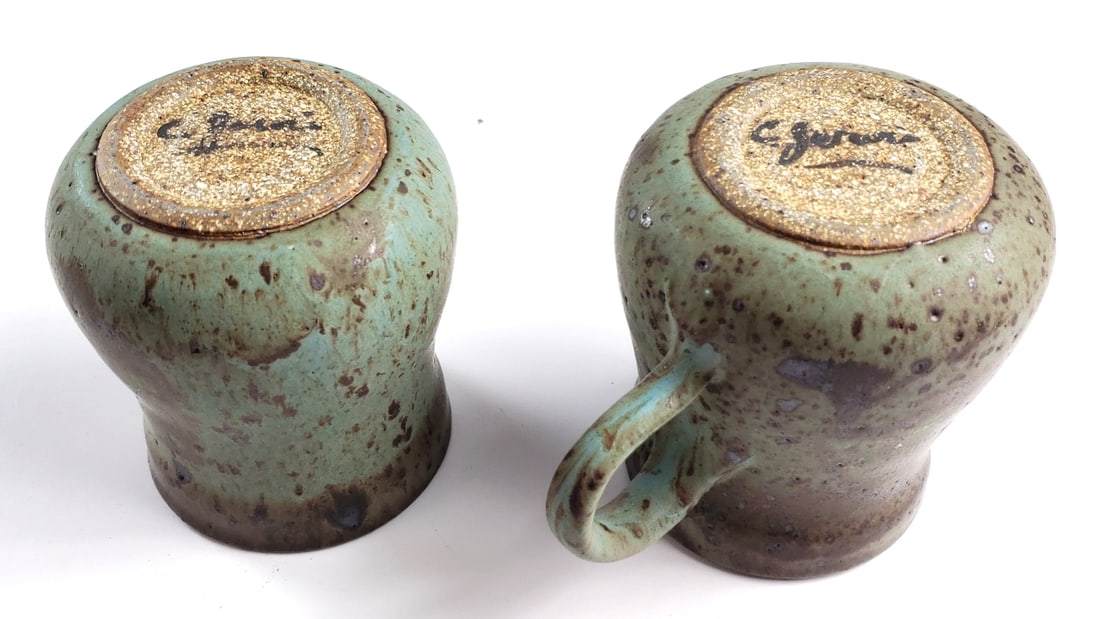 Vintage Ceramic Pitcher and Cup Set with Speckled Glaze Signed By Artist - 2