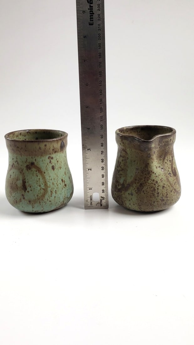 Vintage Ceramic Pitcher and Cup Set with Speckled Glaze Signed By Artist - 5